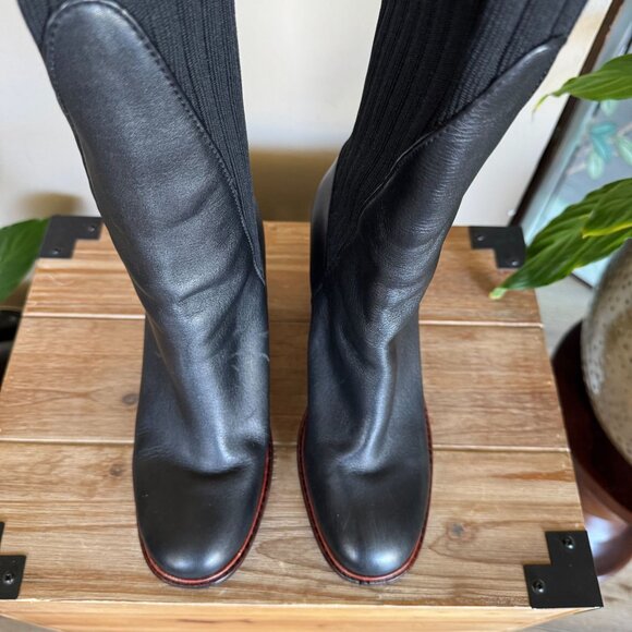 KELSI DAGGER BROOKLYN Black Leather Knit Over The Knee Curved Block Heel Boots - Picture 6 of 16